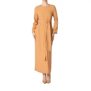 Dubai Islamic High Quality O Neck Long Sleeves Tie Waist Solid Maxi Long Abaya Dress For Muslim Women