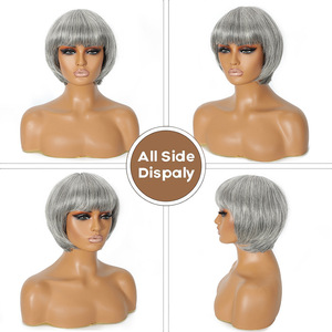 Perruque Bob Courte Sans Lacet Entièrement Faite à la Machine en Cheveux Vierges Chinois <span class=keywords><strong>100</strong></span>% Naturels, Couleur Gris Foncé/Grandma Gray - Product Image 1