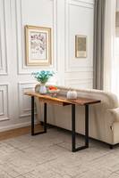 Table console en bois massif d'acacia Monkey Pod sur mesure avec tiroirs et pieds en U pour le salon