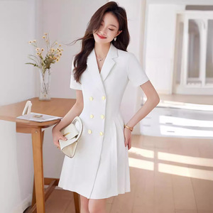 Blue Short Sleeve Suit Dress For Women Fit And Flare Double Button Career Dress Summer 2024 Solid Color Polyester Woven - Product Image 3