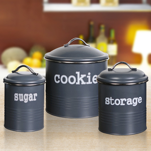 Dark Gray Color Round Shape Metal Kitchen Canister Set of 3 Cookies Coffee Sugar Tea Storage Jars