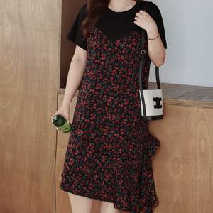 เดรส Runqi N8743 ไซส์พลัส ลายดอกไม้แบบปะติดปะต่อ ทรงเอ ไหล่เฉียง คอเสื้อแบบกลม แขนสั้น เอวต่ำ ทรงไม่สมมาตรสำหรับผู้หญิง - Product Image 4