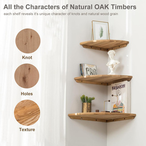 Floating Corner <b>Shelf</b> Solid Oak <b>Wall</b> <b>Mounted</b> Display Rack Triangle Shape Natural Wood Color Living Room Storage - Product Image 3