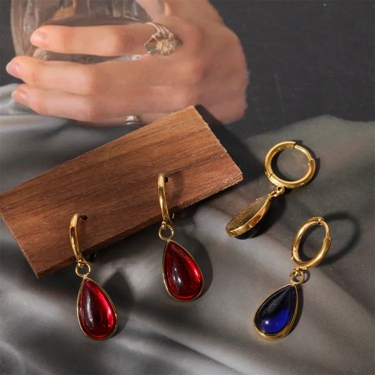 Pendientes de circón con gota de agua a la moda, pendientes de aro de piedra de nacimiento de acero inoxidable fino para mujer, joyería para el Día de la madre, regalos al por mayor