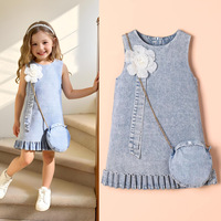 Robe d'été pour bébés filles, style coréen, sans manches, robe en jean à fleurs tridimensionnelles avec sac, ensemble deux pièces