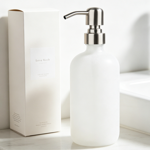 Distributeur de savon en verre ambré épais de 16 oz, forme <span class=keywords><strong>Boston</strong></span>, avec pompe en acier inoxydable noir mat - Product Image 5