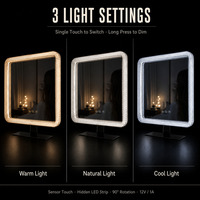 Miroir de maquillage carré en cristal avec éclairage, grand miroir lumineux à coins arrondis, 50 cm, 3 modes de couleur, variateur d'intensité, capteur tactile