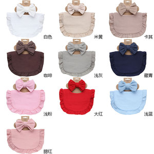 European American Solid Ruffled Baby Bib 2Pcs Set Stretchy Bow <b>Headband</b> Matching Infant Saliva Towel For Kids <b>Newborn</b> Gift Set - Product Image 3