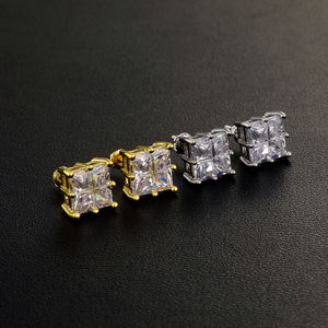 Orecchini <span class=keywords><strong>a</strong></span> perno quadrati <span class=keywords><strong>a</strong></span> 4 griglie placcati oro con micro pavé di zirconia cubica, in rame, stile hip hop, di lusso leggero, alla moda, da uomo - Product Image 2