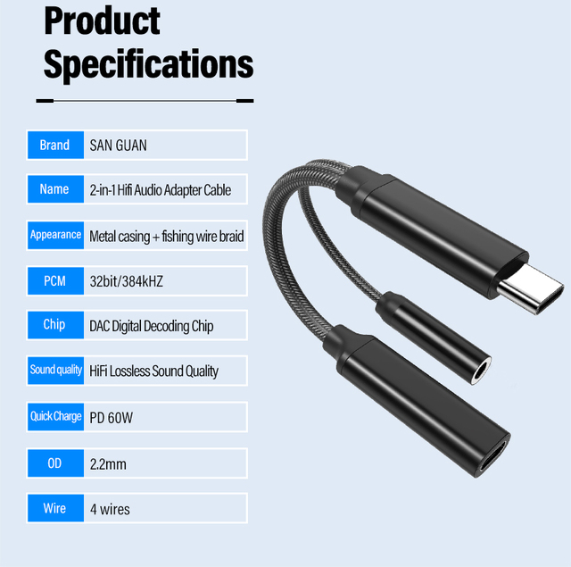 60W PD Fast Charging USB C 3.5mm Audio Adapter 2-in-1 DAC 32Bit/384Khz HiFi Lossless Sound DC MFi Certified Mobile Phone Call