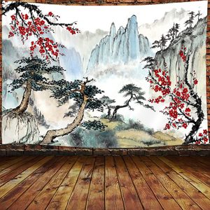 Tapiz de Poliéster con Paisaje de Montaña y Flores de Ciruelo Rojas, Decoración de Pared Impresa, Lavable a Máquina, Arte Mural, Venta al Por Mayor - Product Image 5
