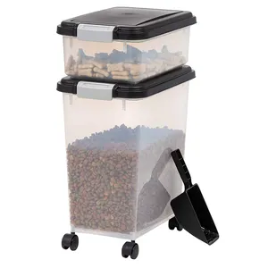 塑料三件式密闭食品储存容器组合，带勺子和零食盒，用于宠物狗猫和鸟类食品