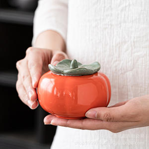 Ceramic Tea Caddy Airtight Container Wedding Candy <b>Box</b> Persimmon Shape <b>Red</b> Double Happiness Design Gift Jar - Product Image 4