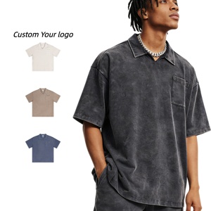 High Quality Heavyweight Vintage Washed Men's Polo Shirt hot Supplier Custom <b>Blank</b> 100% Cotton Boxy Fit T-shirt for streetwear - Product Image 1