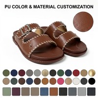 Sandales plates en cuir PU pour femmes, style bohème, avec deux brides et boucles, coutures contrastées tendance, chaussures de plage antidérapantes