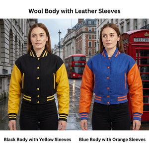 Veste universitaire en laine avec manches en cuir, coloris noir, jaune, bleu, orange, col rabattu, fermeture boutonnée, unisexe - Product Image 1