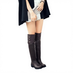 Women's Over-the-Knee Thigh High Waterproof Boots BIG Size <b>Heel</b> 4cm Brown Winter PU Stiletto Button Closure PVC/Rubber Outsole - Product Image 3