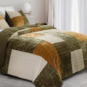Ensemble de couette patchwork Couvre-<span class=keywords><strong>lit</strong></span> en <span class=keywords><strong>velours</strong></span> ultra-doux Couvre-<span class=keywords><strong>lit</strong></span> en <span class=keywords><strong>velours</strong></span> léger Design patchwork vert et beige - Product Image 2