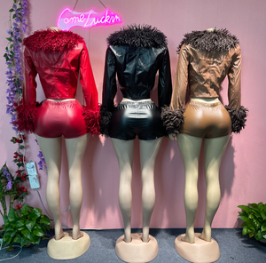 Completo Autunnale da Donna Sexy in Ecopelle con Motivo Peloso Giacca a Maniche Lunghe e <span class=keywords><strong>Shorts</strong></span> Aderenti Set Due Pezzi - Product Image 4