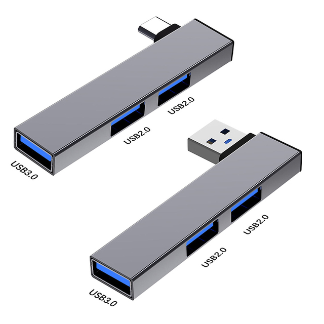 3-in-1 Multi-Function USB 3.0 Aluminum Alloy Adapter Docking Station 90 Degree Type-C Splitter Elbow U Disk Hub 3 Ports