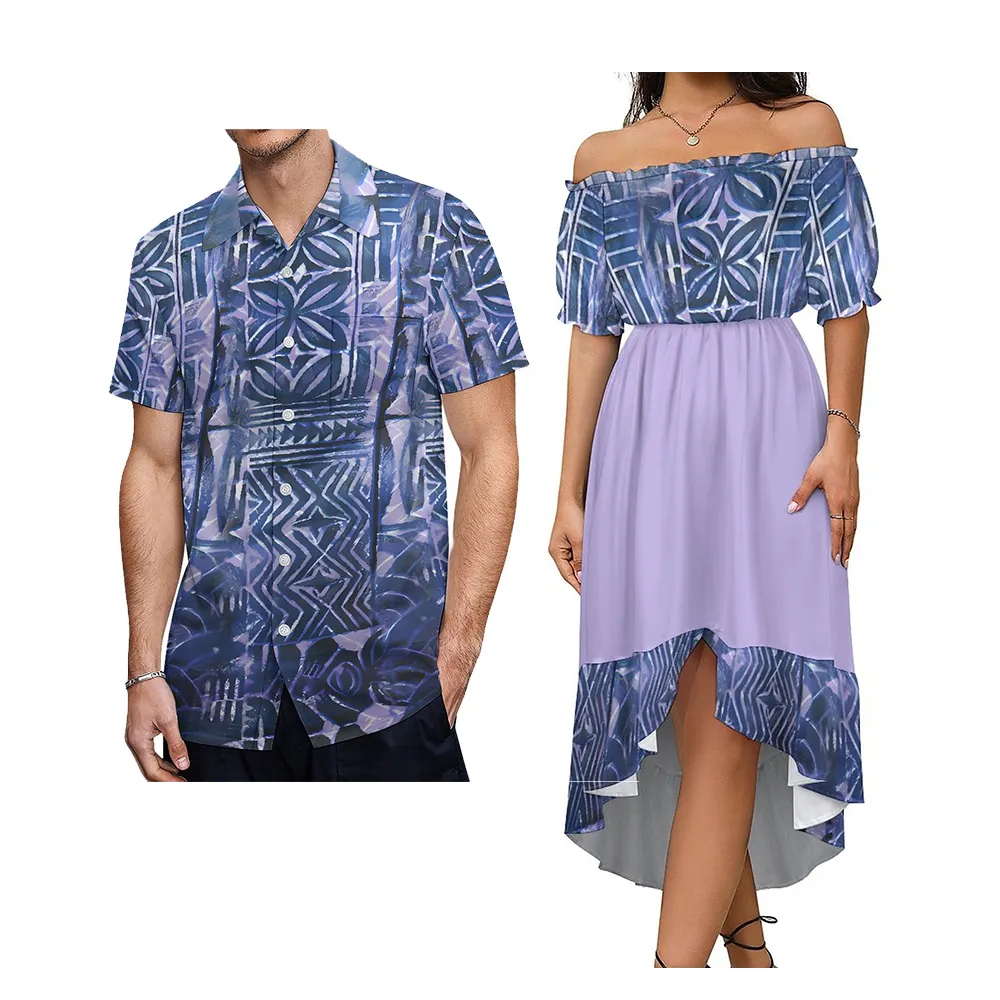 Mode Hot Couple Personnalisé Polynésien Manches Bouffantes Court Style Robe Et Pêche Velours Casual Poche Unique Chemise À Manches Courtes