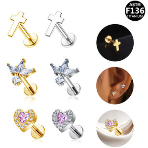 <b>Titanium</b> Alloy Cross Earrings Heart Shaped Zirconia Studs Ear Cartilage Jewelry Unisex Gift Fashion Piercing Jewelry - Product Image 5