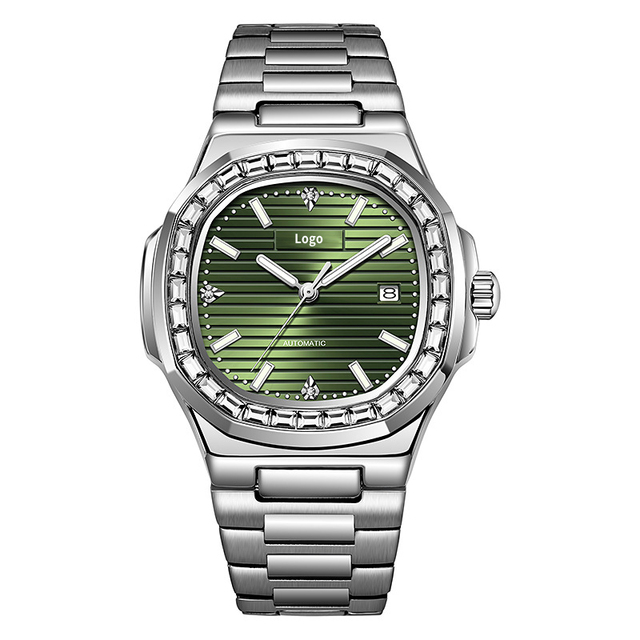 Customized Luxury Men's Automatic Mechanical Watch Luminous Stone Bezel Oval Case Stainless Steel Band Pointer Dial Display
