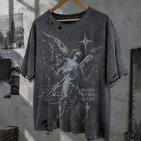 T-shirt en coton slub délavé personnalisé pour homme Ouna Factory, imprimé vintage, trous usés, bords effilochés, style streetwear, fournisseur de coton slub