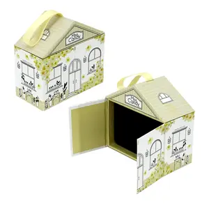 Custom hard paper small gift box double door special house shaped candy packaging box with ribbon handle