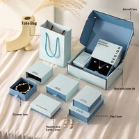 Boîte de rangement pour bijoux bleue texturée en gros, en stock, avec doublure en éponge et impression bronzée pour bagues, boucles d'oreilles, colliers - Emballage cadeau
