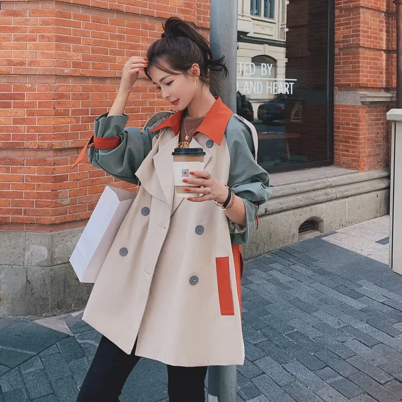 2021 Fall Winter Korean Style Collision Color Knee Length Trench Coat Loose Casual Women'S Jacket