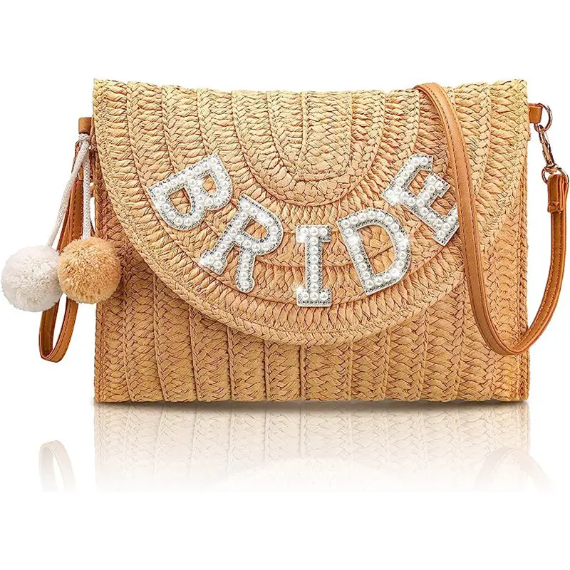 Bride Beach Bag Bachelorette Party Honeymoon Gift Pearl Letter Bride Straw Clutch Shoulder Bag Bride Envelope Handbag