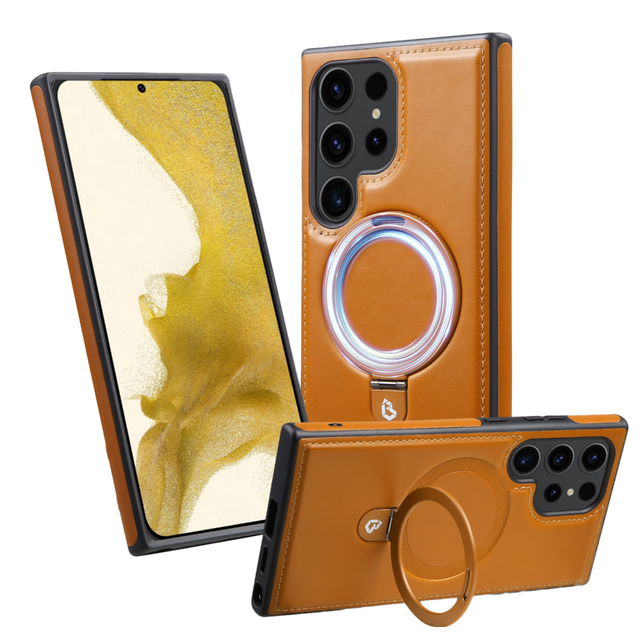 Ultra Protective Magnetic Charging Ring Holder Leather Business Phone Case for Samsung S24 S22 Plus Elegant Armor Electroplate