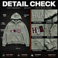 Sweat à capuche zippé de luxe 420 g/m² pour homme, style vintage délavé, avec appliques et patchwork, streetwear perlé, veste personnalisable avec logo