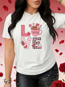 T-shirt da donna per San Valentino con stampa di orsetti e lettere, manica corta, girocollo, casual, primaverile/estivo, traspirante, leggero, in cotone - Product Image 3