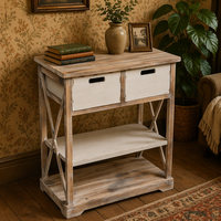 Console d'entrée rustique en bois blanc vieilli avec 2 tiroirs, meuble d'appoint en bois avec piètement en X, rangement en bois