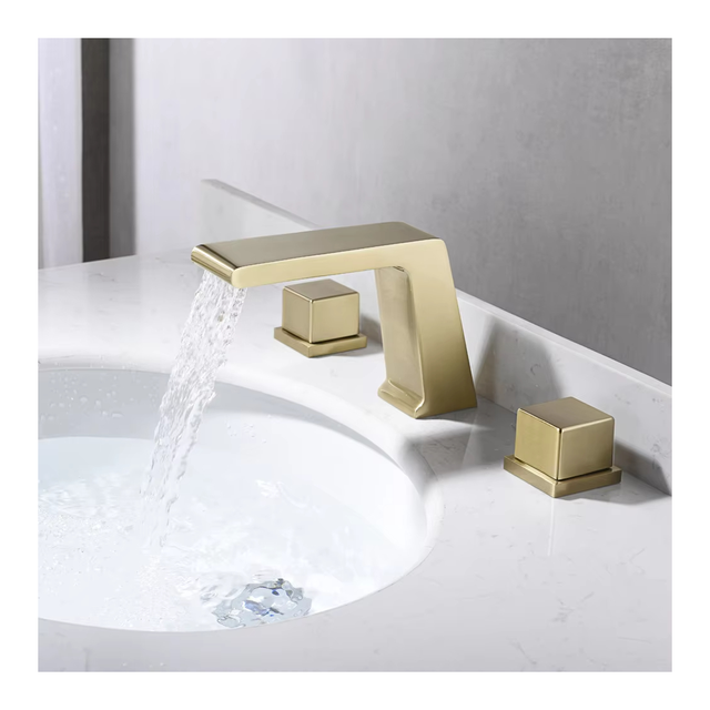 Brushed Gold Uncoated Brass Dual Widespread Vanity Faucet Brushed Deck Mount Lavatory Faucet Sense Technology Bathroom Faucet