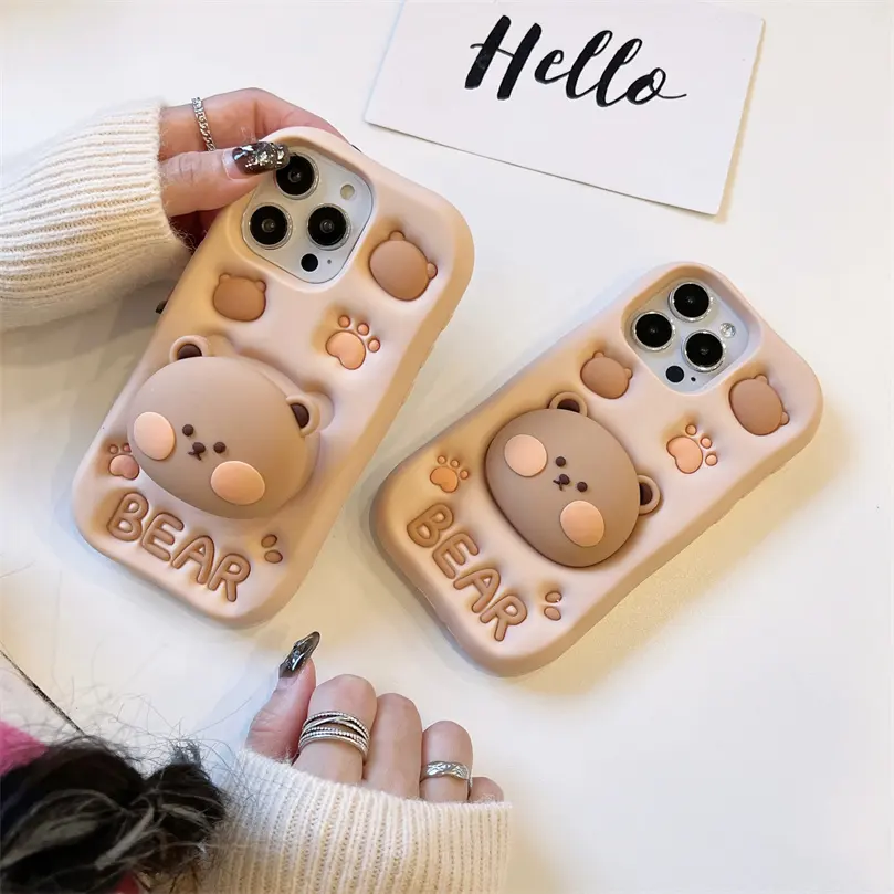 Grande cabeça urso cartoon caso para iphone 15 promax telefone caso de silicone tridimensional suporte caso para a maçã 15