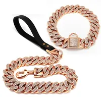 Stainless Steel bling dog collars divtop Chunky Dog Cuban Chain Lead Diamond rose gold Pet Collar leash for Large Dog Pitbull