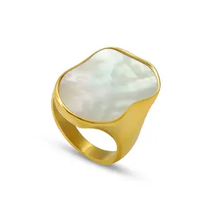 Wholesale Custom 18K Gold Plated Stainless Steel Personalized Jewelry White Shell Wide Big Ring for Women