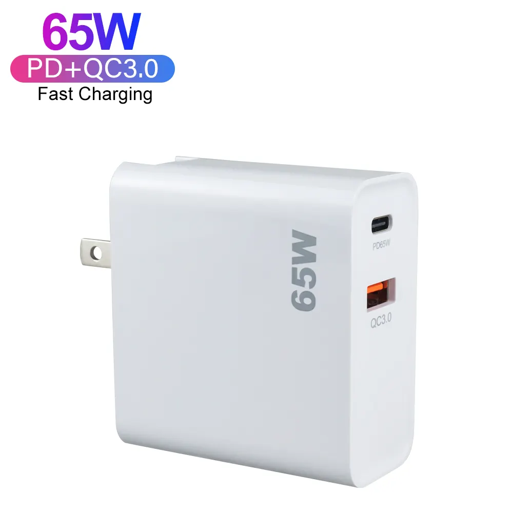 Super Fast Charger 65W Gan Charger Dual Ports PD 3.0 USB C Power Adapter Type C Wall Charger 65W For Mobile Phone Laptop Tablet