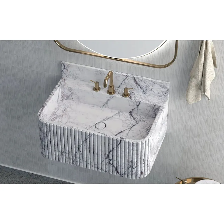 Hand Rectangular White Color Flute Stone Art Wash Basin Sink Tabletop Bathroom Floating Marble Sink with Grooved Carrara