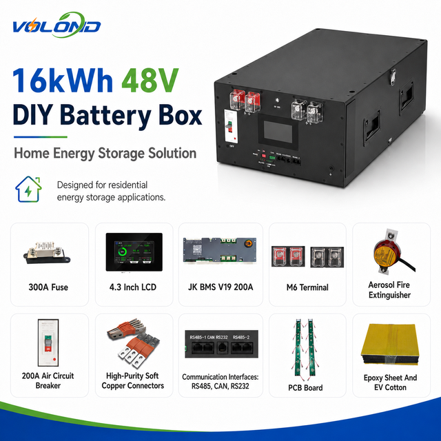 VOLOND NEW V3 EU Stock 48V DIY Battery Box Kits 16kWh Lifepo4 Battery Case 314Ah with JK 200A BMS 300A Fuse Stacked Battery Box