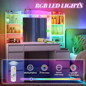 WenFeng ODM/OEM Coiffeuse moderne <span class=keywords><strong>en</strong></span> bois pour chambre d'hôtel, 47 pouces, avec éclairage LED, 8 tiroirs, miroir réglable de 20 pouces, 2 prises AC + 2 ports USB - Product Image 4