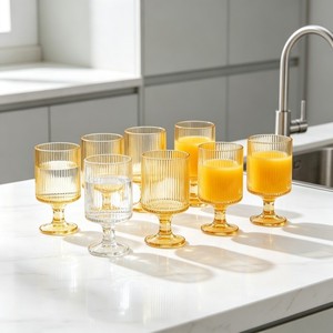 Set Regalo di 6 Calici in Vetro Ambrato con Stelo Scanalato Verticale, 330ml, Resistenti alle Alte Temperature, Lavabili in Lavastoviglie, Ecologici, Classici - Product Image 2