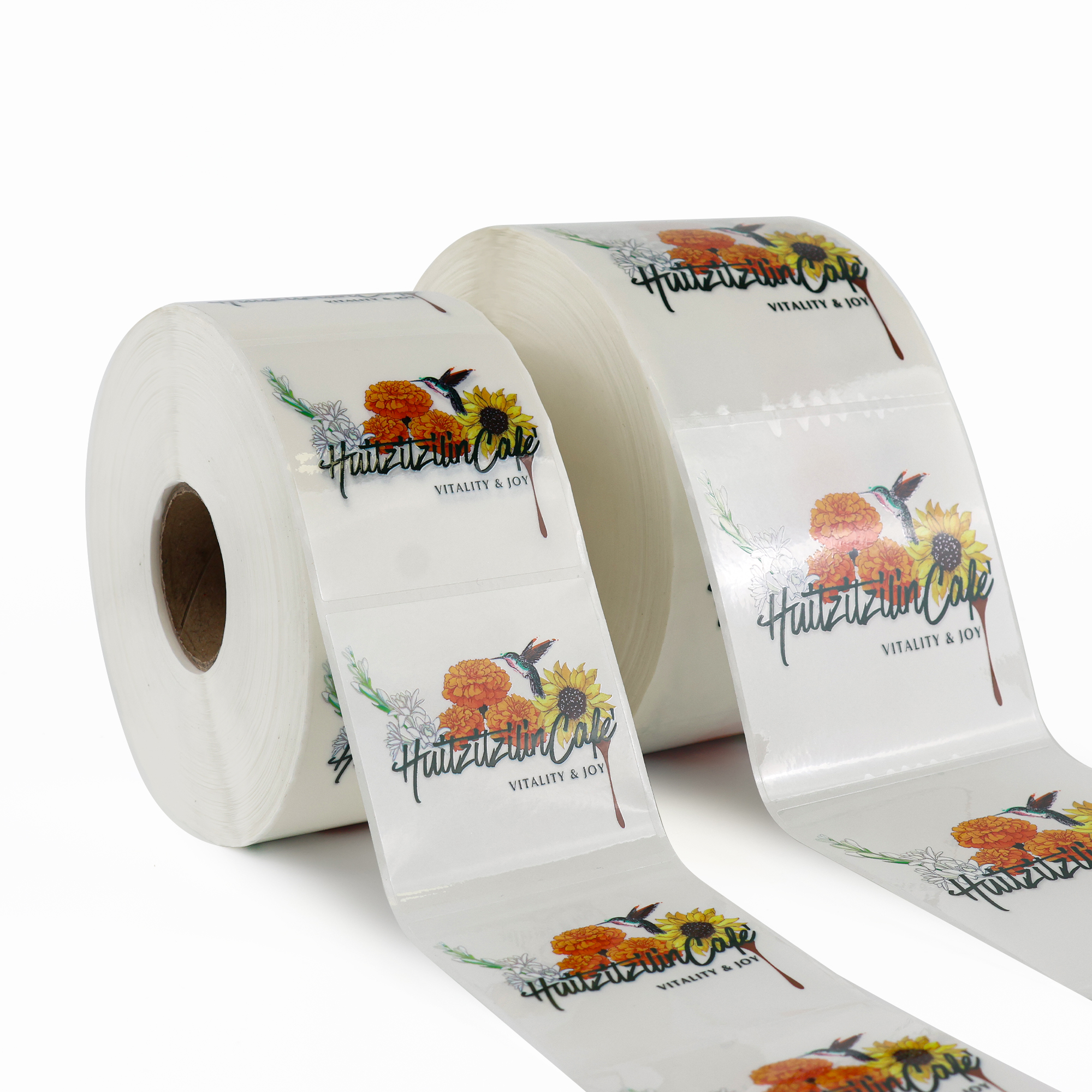 Custom Clear Coffee Shop Logo Stickers For Specialty Café Packaging Hummingbird Floral Transparent Roll Labels For Cups Bags Jar