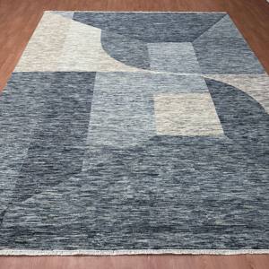 Tapis persan géométrique moderne en laine et soie noué à la main 8x10 pieds, bleu ardoise, gris, pour salon, avec envers en jute – Collection Rug Store - Product Image 1
