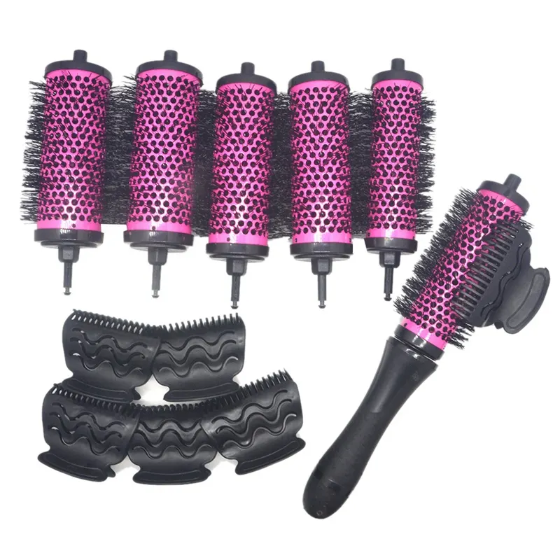 6pcs/set 3 Sizes Detachable Handle Hair Roller Brush with Positioning Clips Aluminum Ceramic Barrel Curler Comb Hairdresser