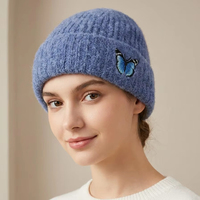 Bonnet 100% acrylique chaud et doux, broderie jacquard papillon bleu brossé, esthétique pour femme, usage quotidien hiver