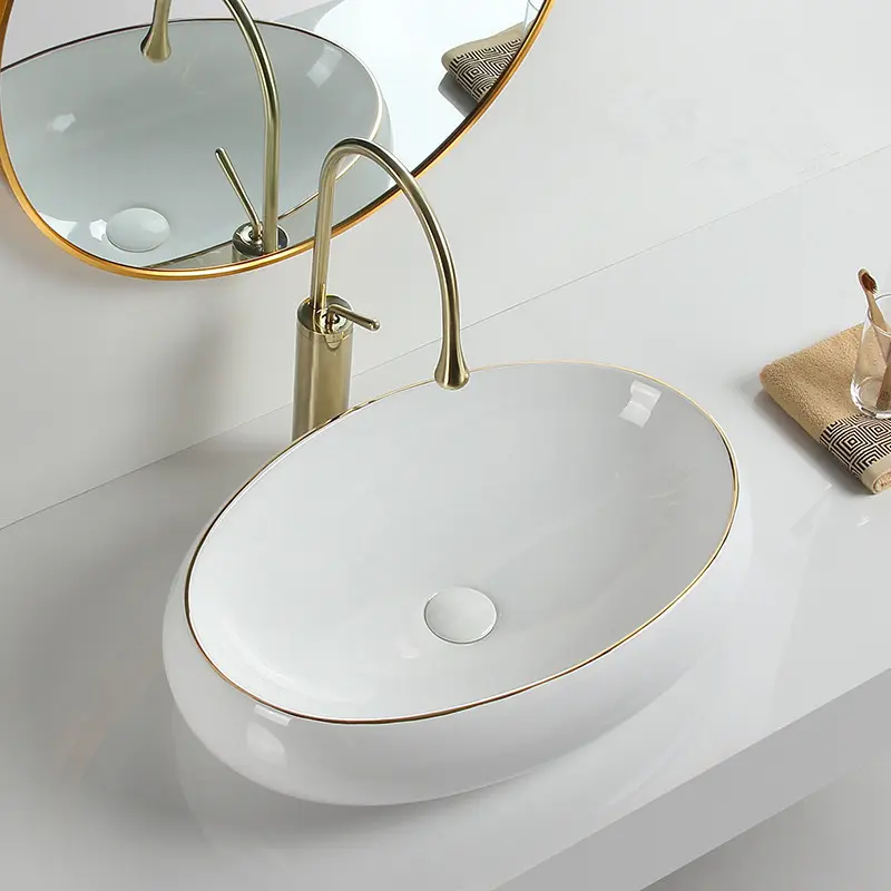 Céramique ovale moderne salle de bain éviers ligne d'or lavabo robinet salle de bain vanités bassin évier